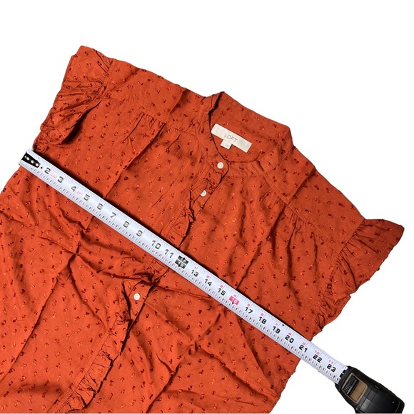 LOFT Ruffle Swiss Dot Button Up Blouse Short Sleeve Burnt Orange Sz S - Picture 13 of 15